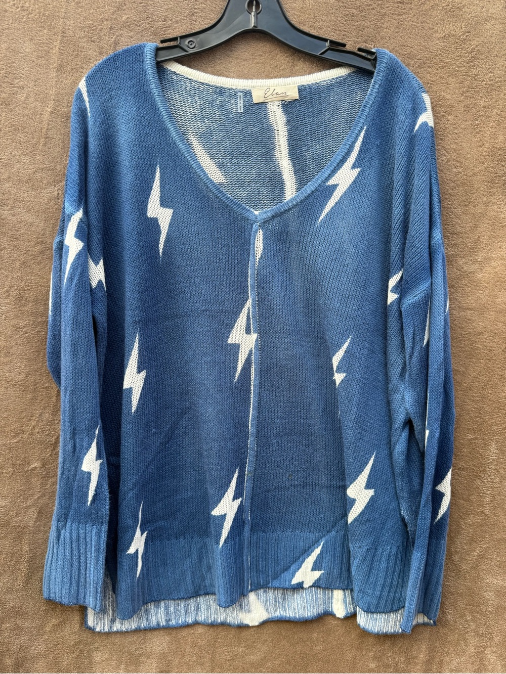 Elan Blue V-Neck Lightning-Print Sweater